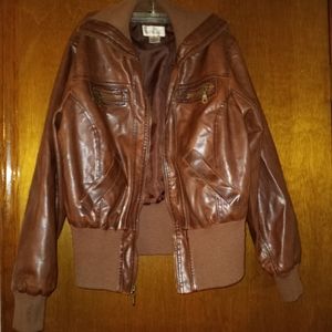 Chocolate faux leather bomber jacket with zippers